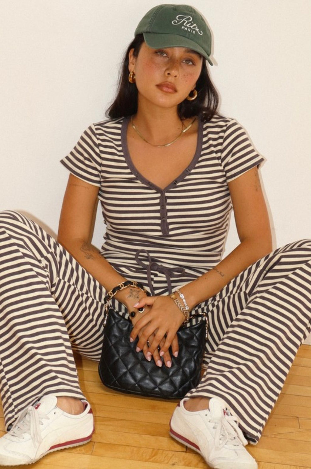 Bailey Rose Striped Snap Button Tee And Drawstring Pant SET