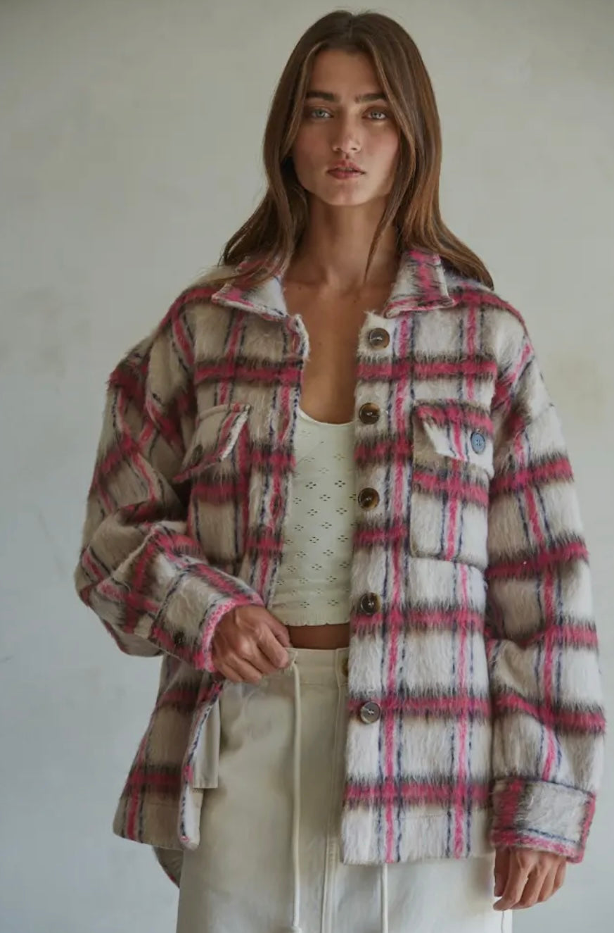 Plaid Buttondown Jacket With Back Fringe Detail