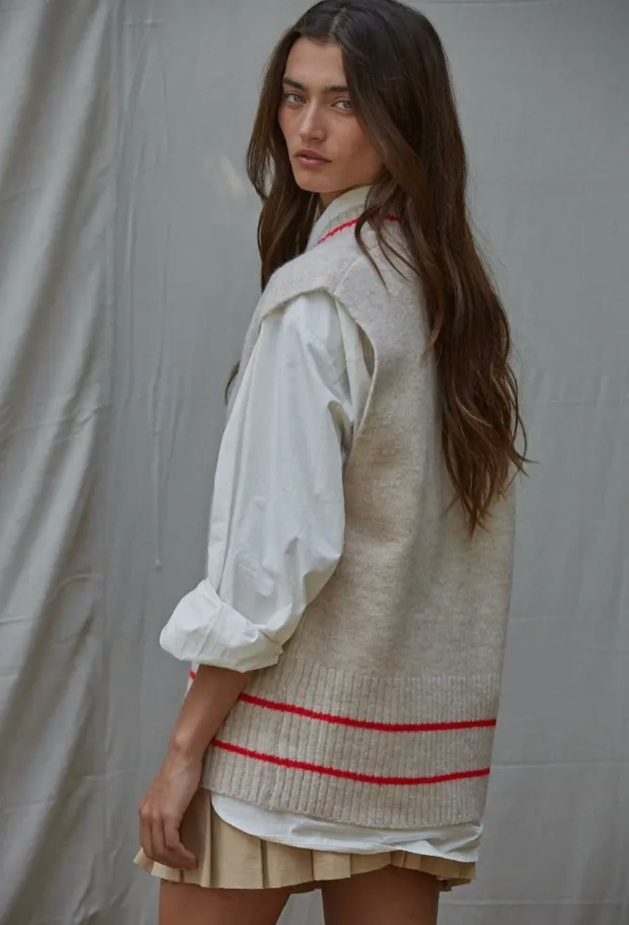 Knit Sweater Vest Top With Pinter Striped Detail