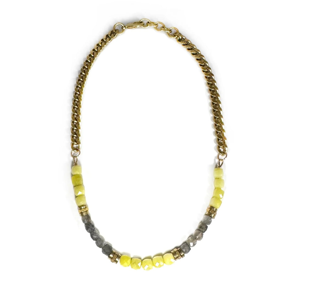 Rachel Nathan Beads & Chain Necklace Yellow Jade & Labradorite Cubes