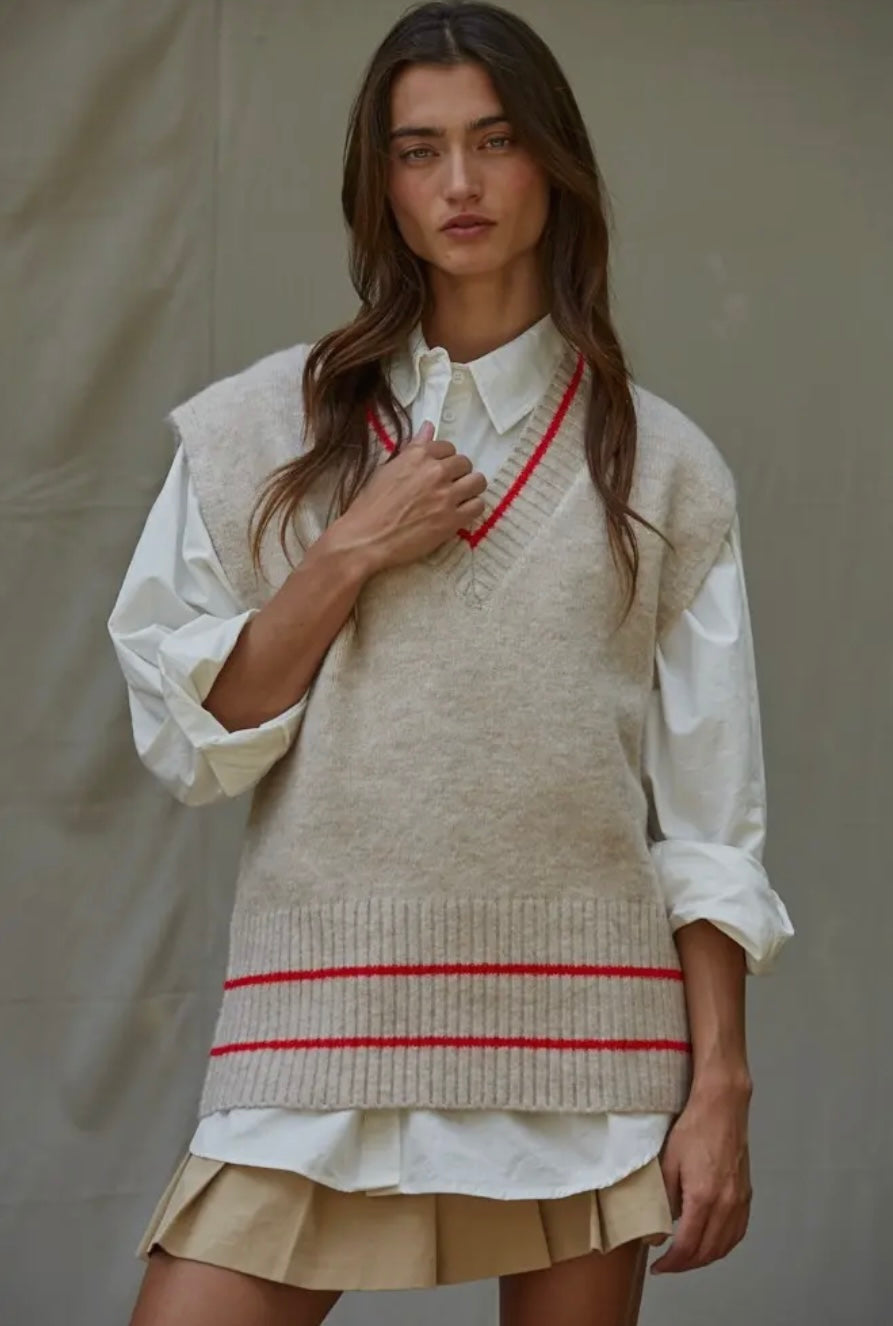 Knit Sweater Vest Top With Pinter Striped Detail