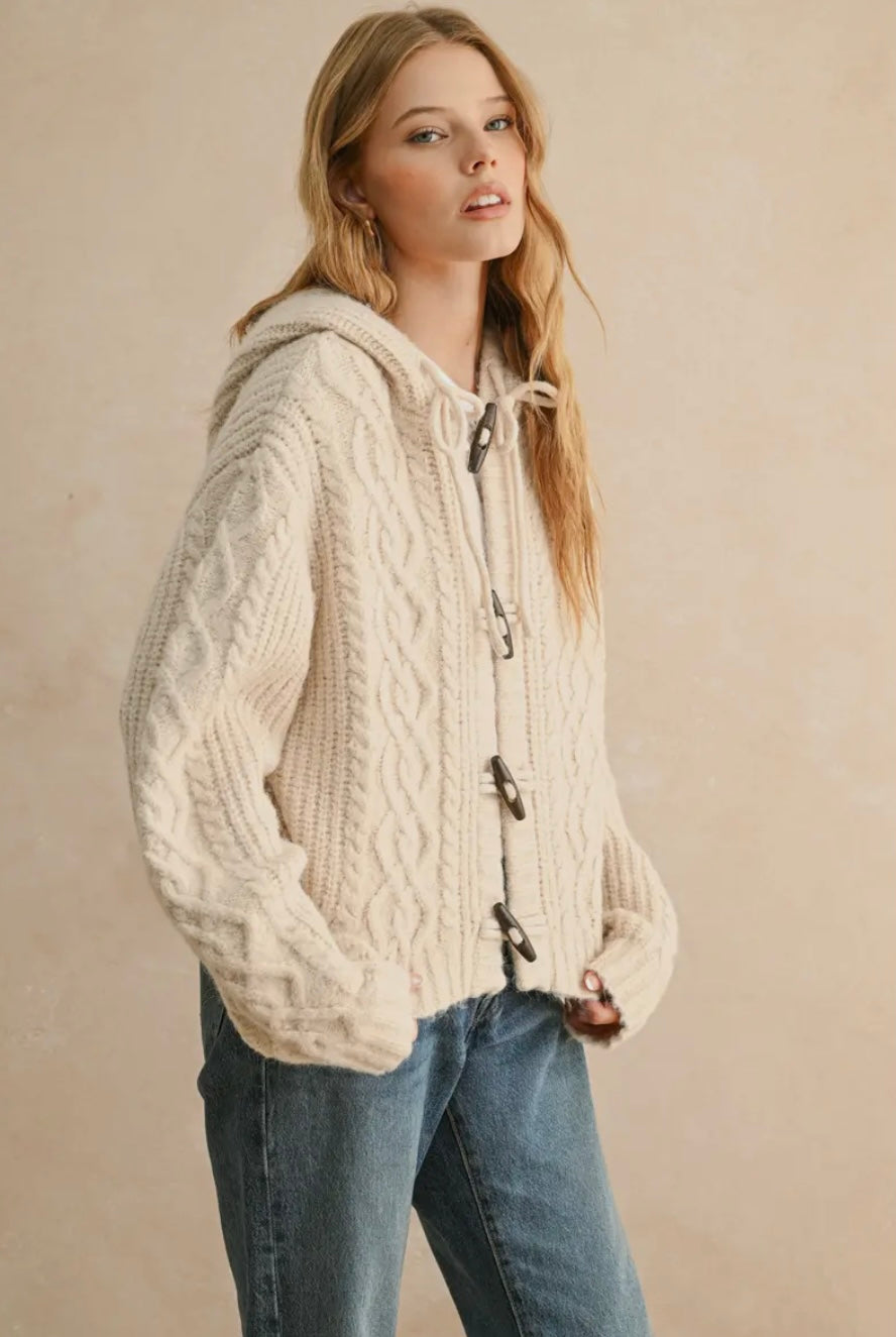 Long Sleeve Cable Knit Cardigan With Hood