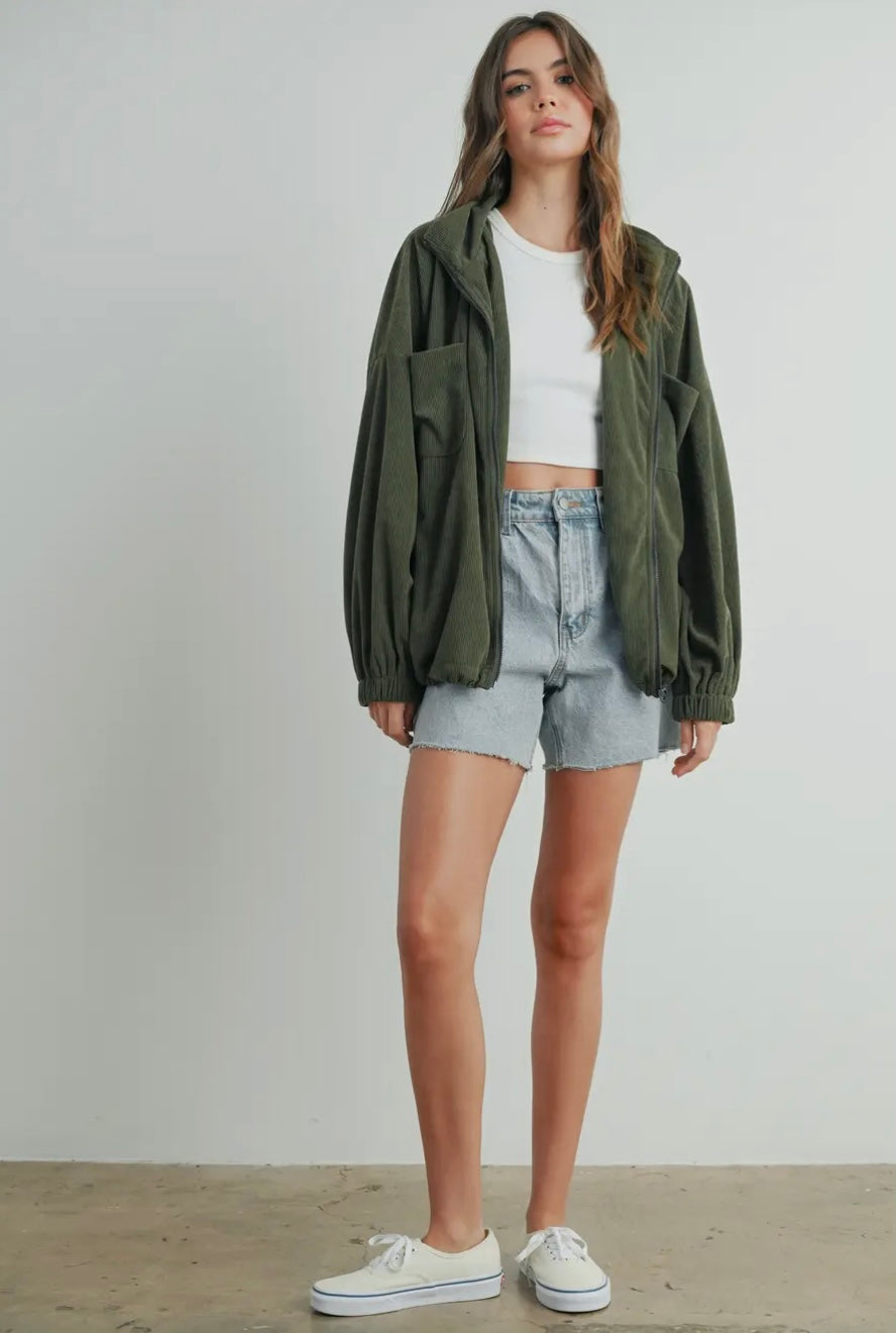 Oversized Lapel Corduroy Zipper Jacket