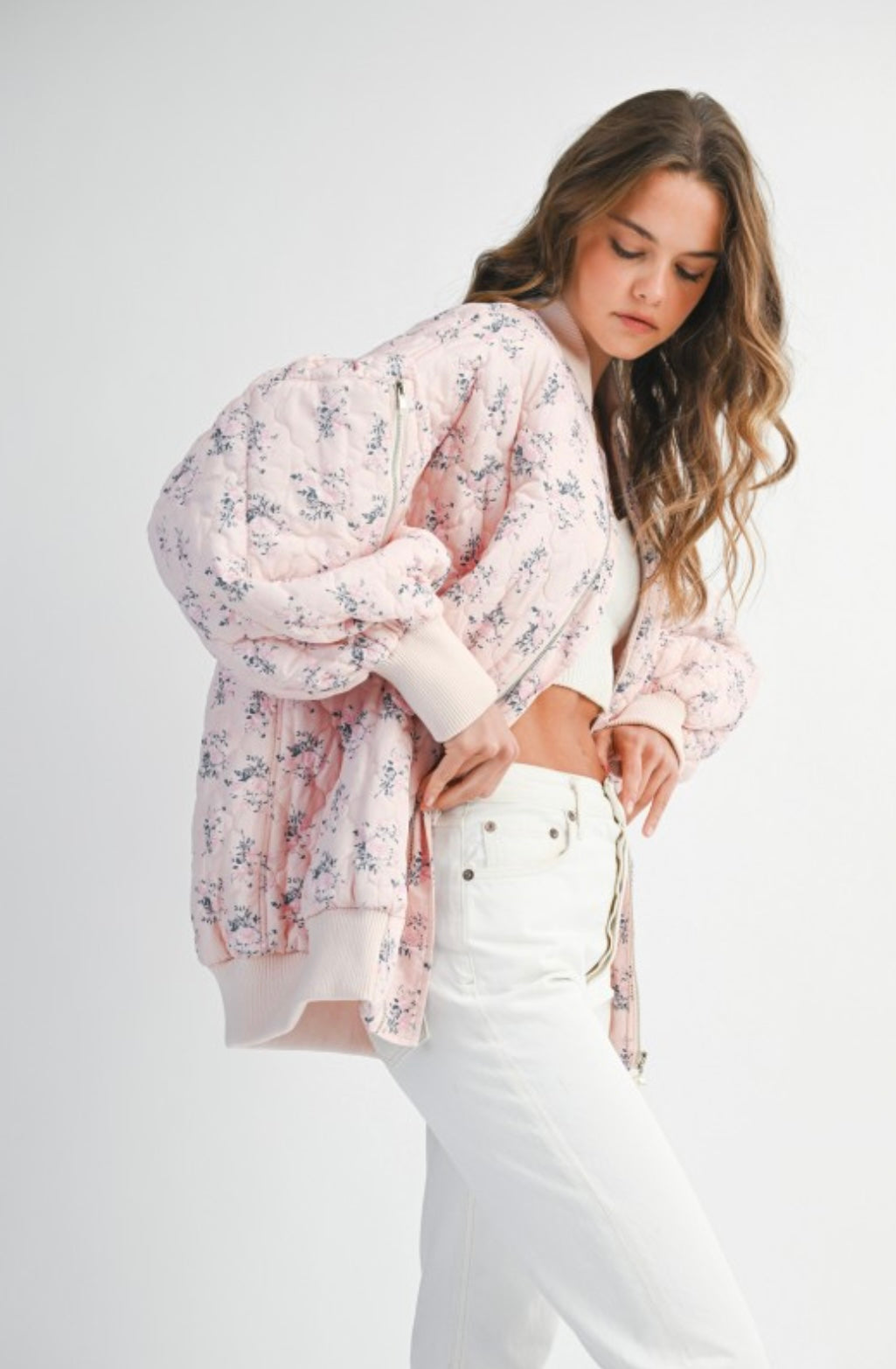 Floral Print Quilted Oversized Bomber Jacket