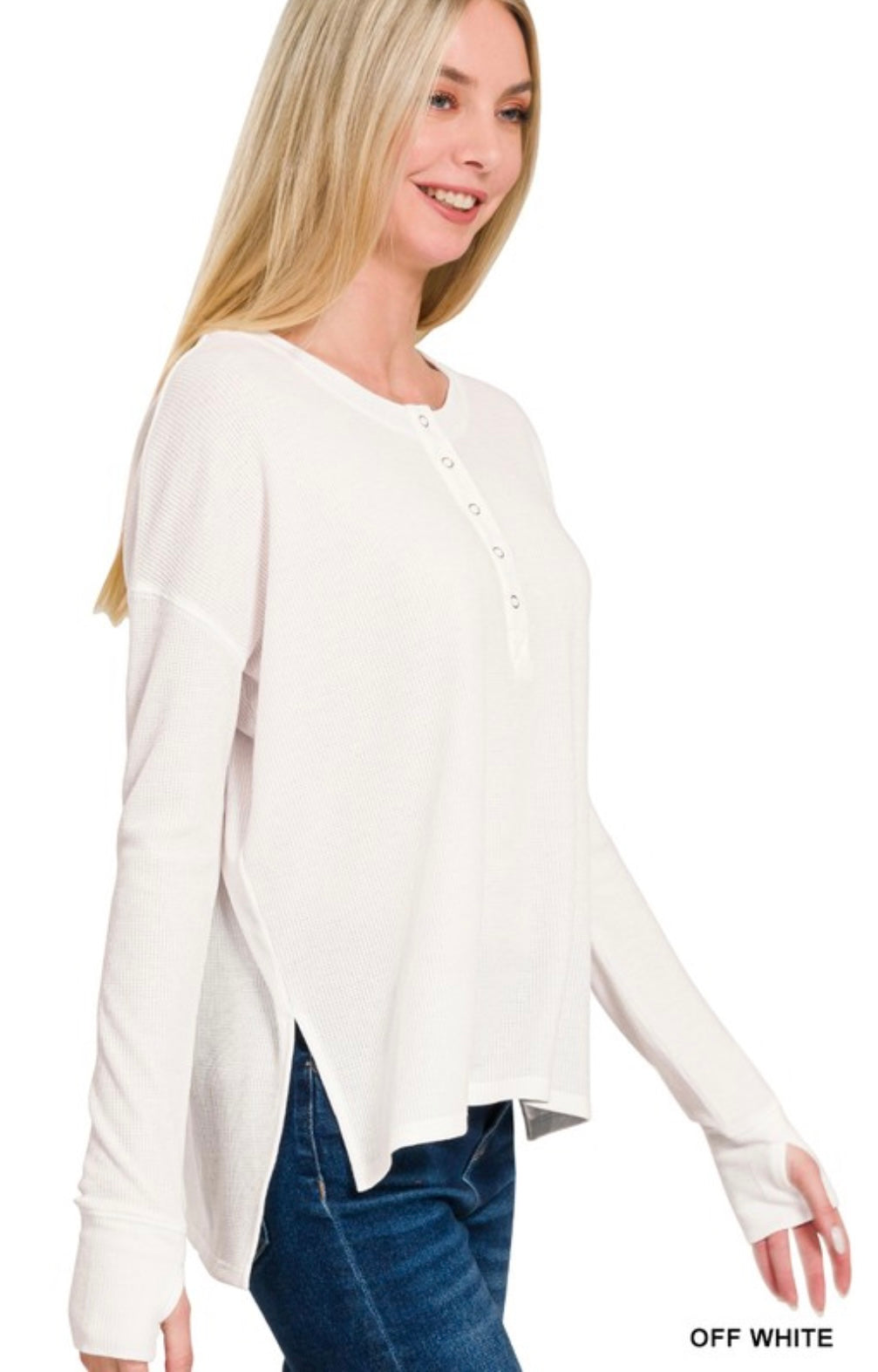 Waffle Thumb Hole Cuffs Henley Tee