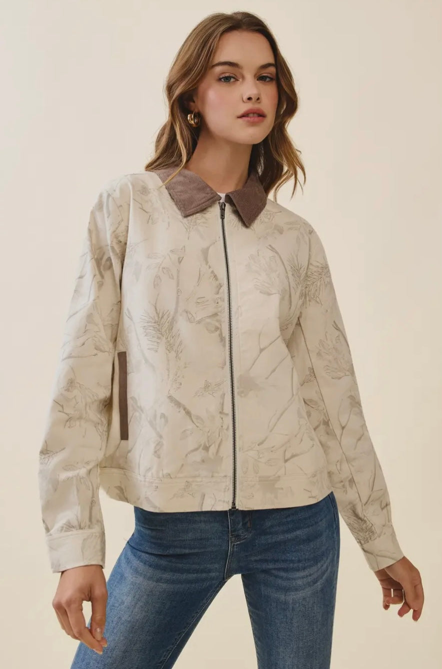 Floral Print Corduroy Detail Jacket