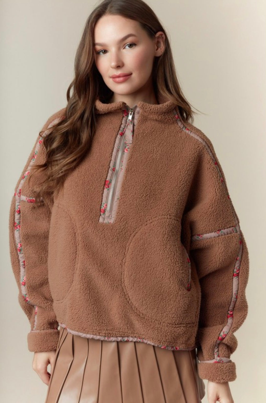 Ditsy Floral Printed Half Zip Sherpa