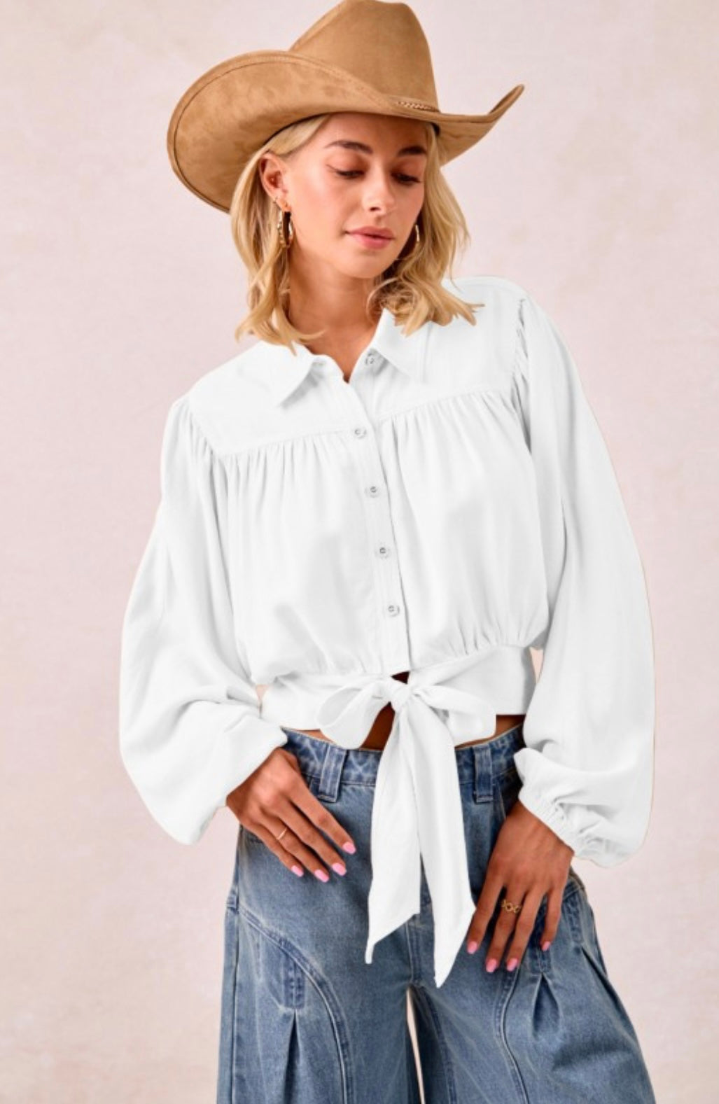 Linen Viscose Tie Hem Detail Crop Blouse