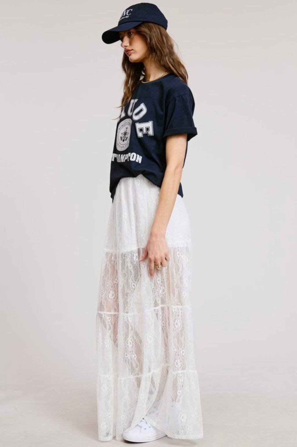 Boho Tiered Floral Lace Maxi Skirt with Mini Lining