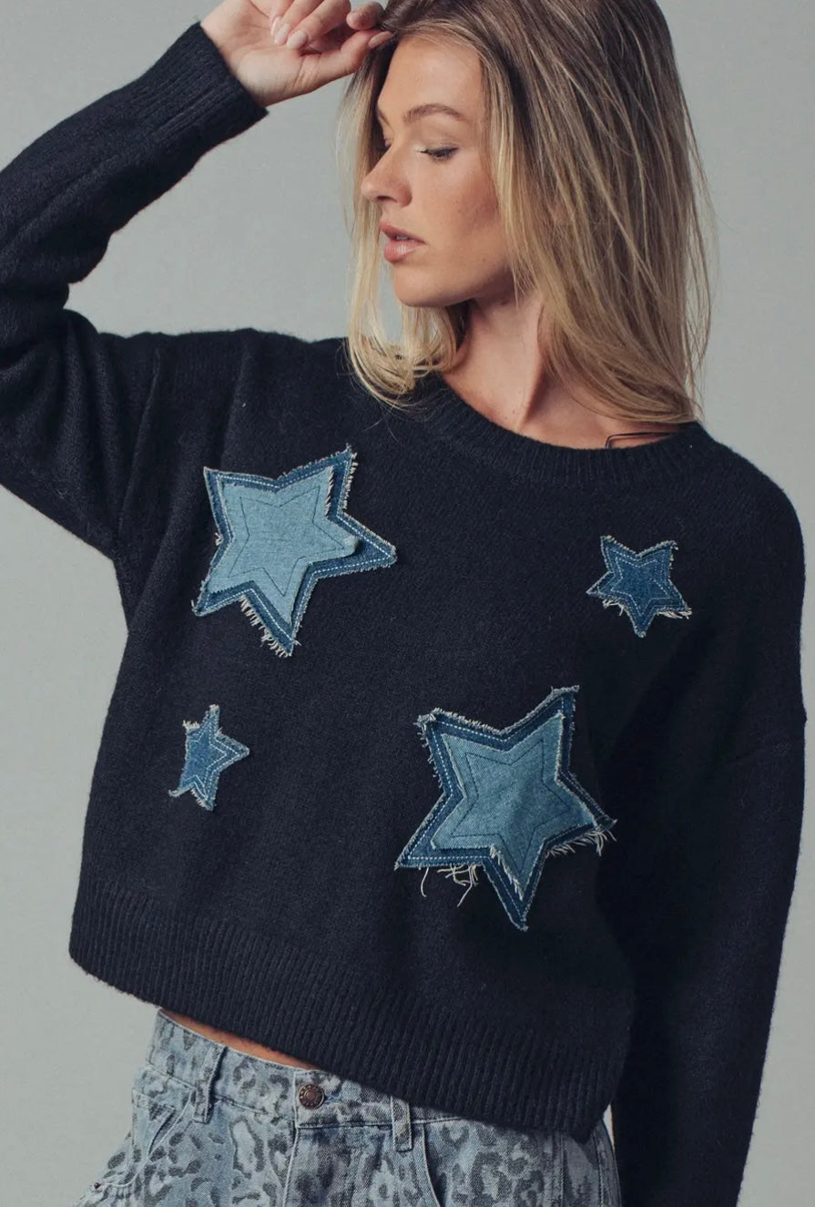 Denim Star Patch Cropped Knit Sweater