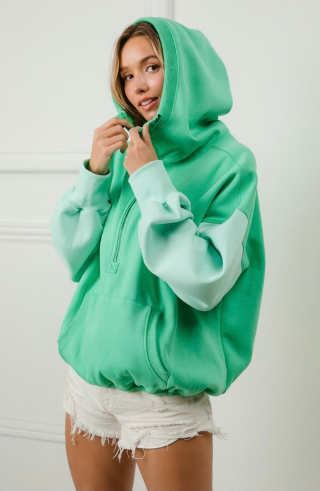 Color Block Elastic Hem Fleece Hoodie