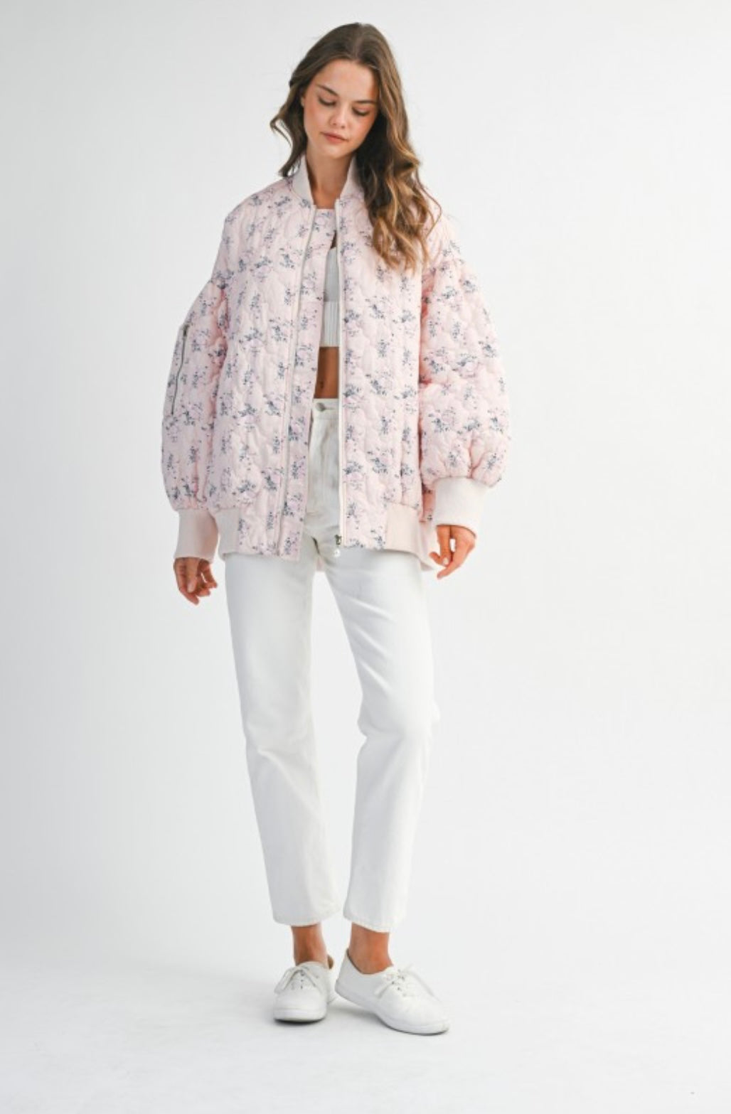Floral Print Quilted Oversized Bomber Jacket