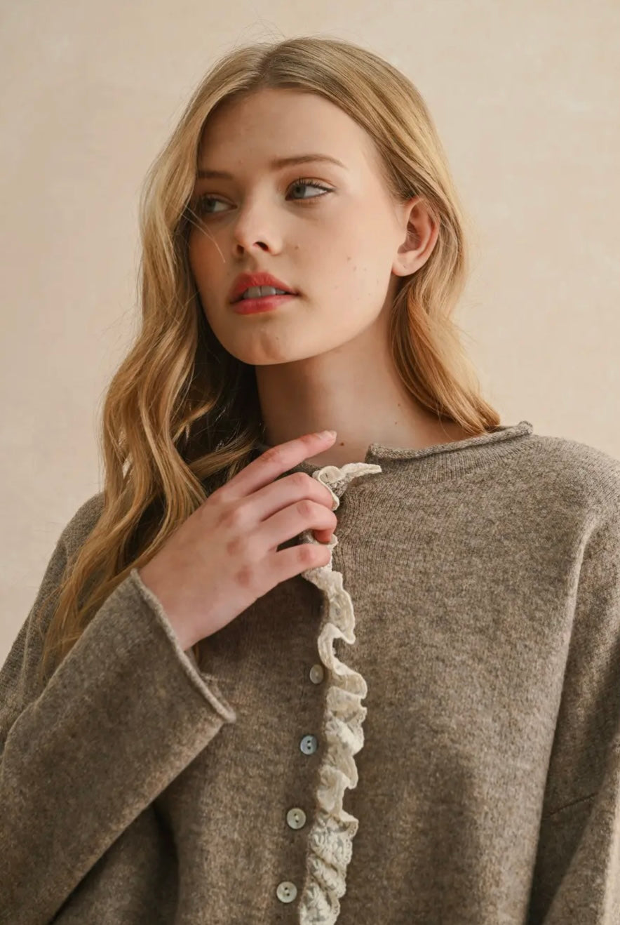 Button Front Lace Trim Knitted Cardigan