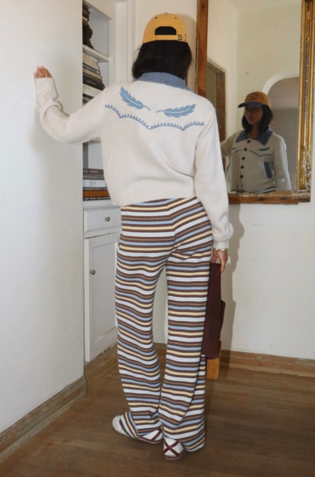 Bailey Rose Striped Knit Collared Shirt And Knit Flare Pant Set