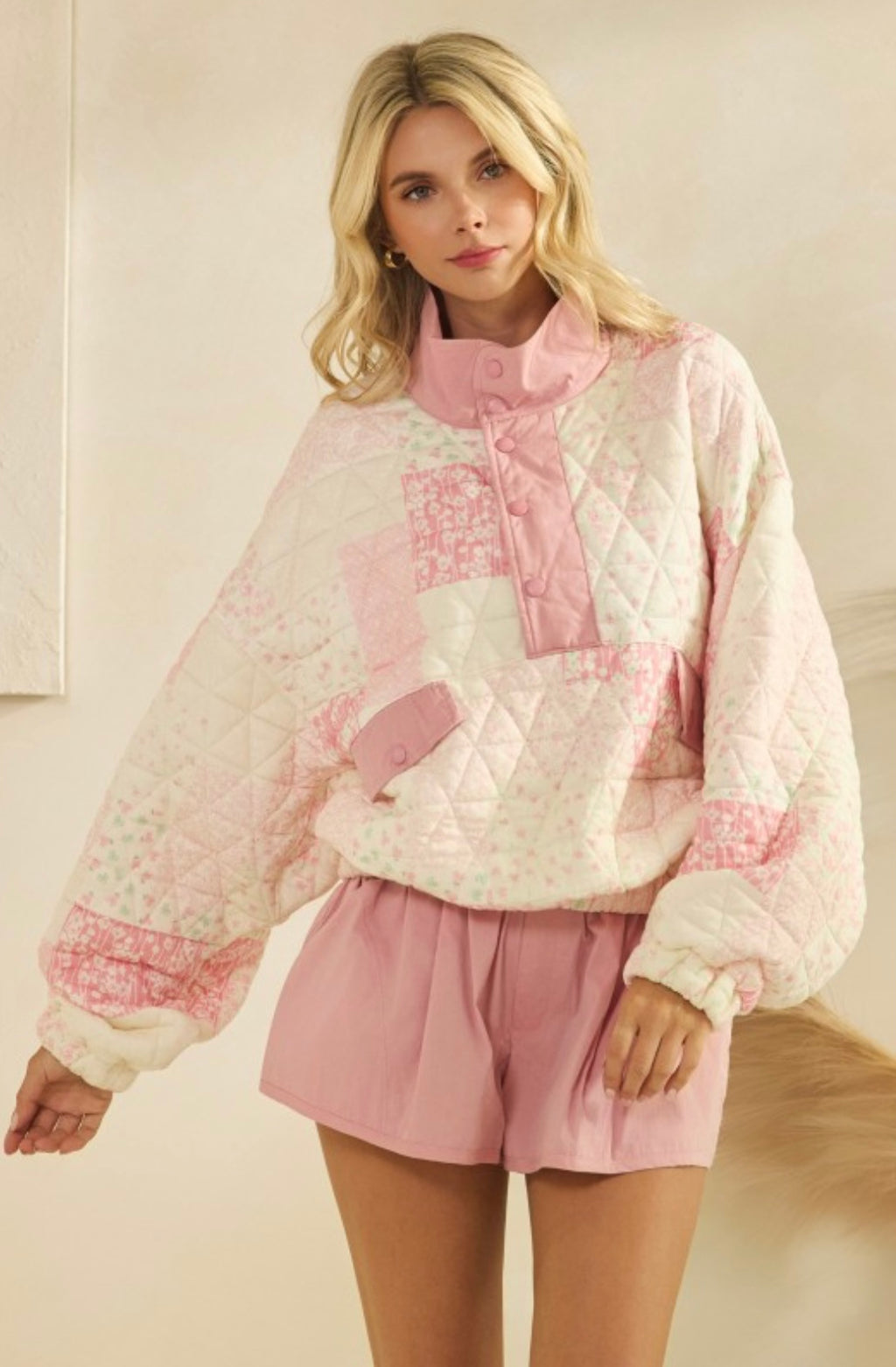 Pink Floral Patchwork Quilted Pullover