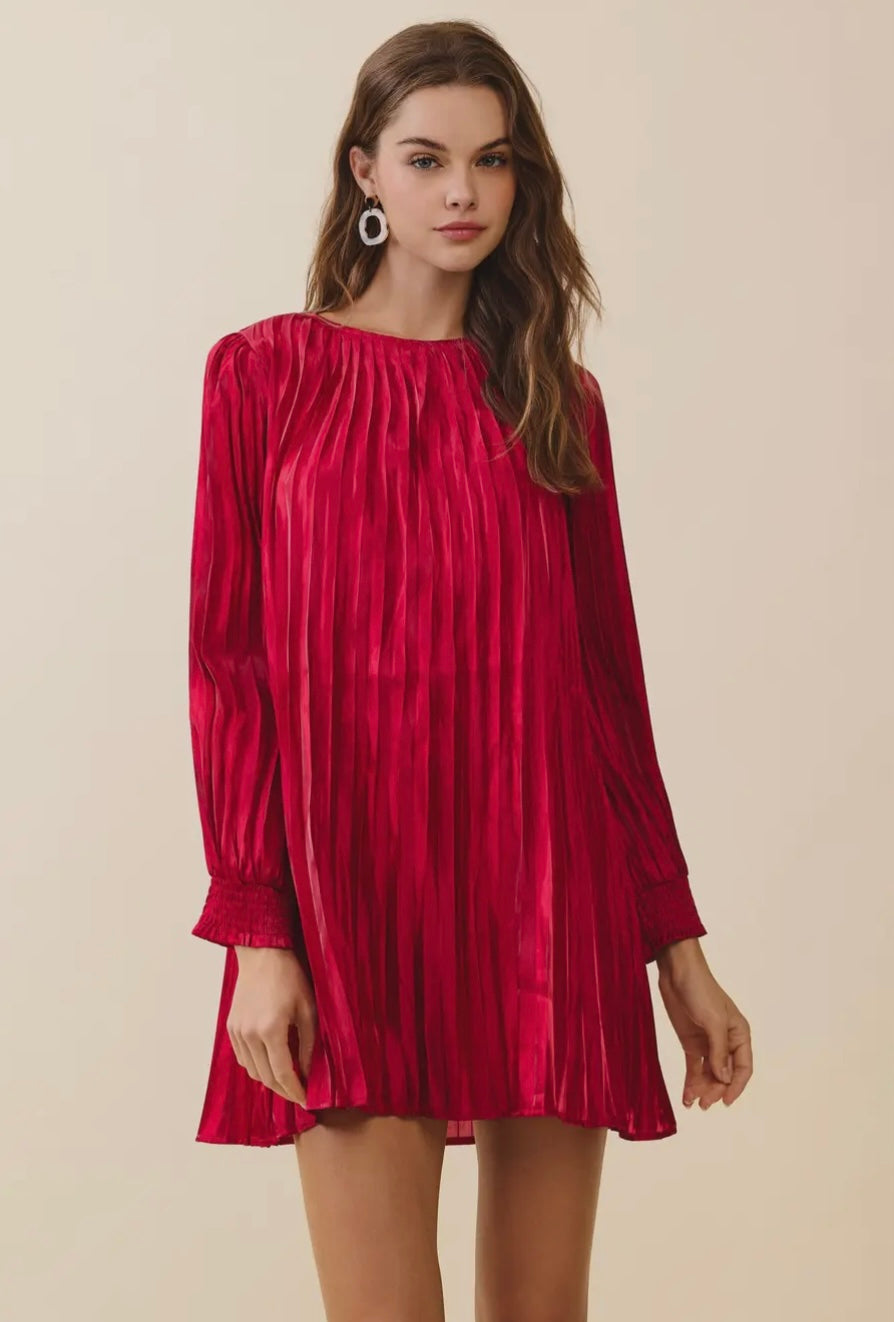 Metallic Pleated Relaxed A Line Mini Dress