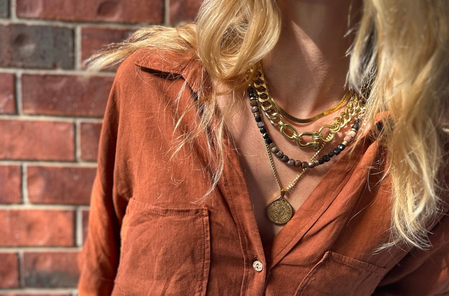 Rachel Nathan Beads & Chain Necklace Petrified Wood & Black Tourmaline
