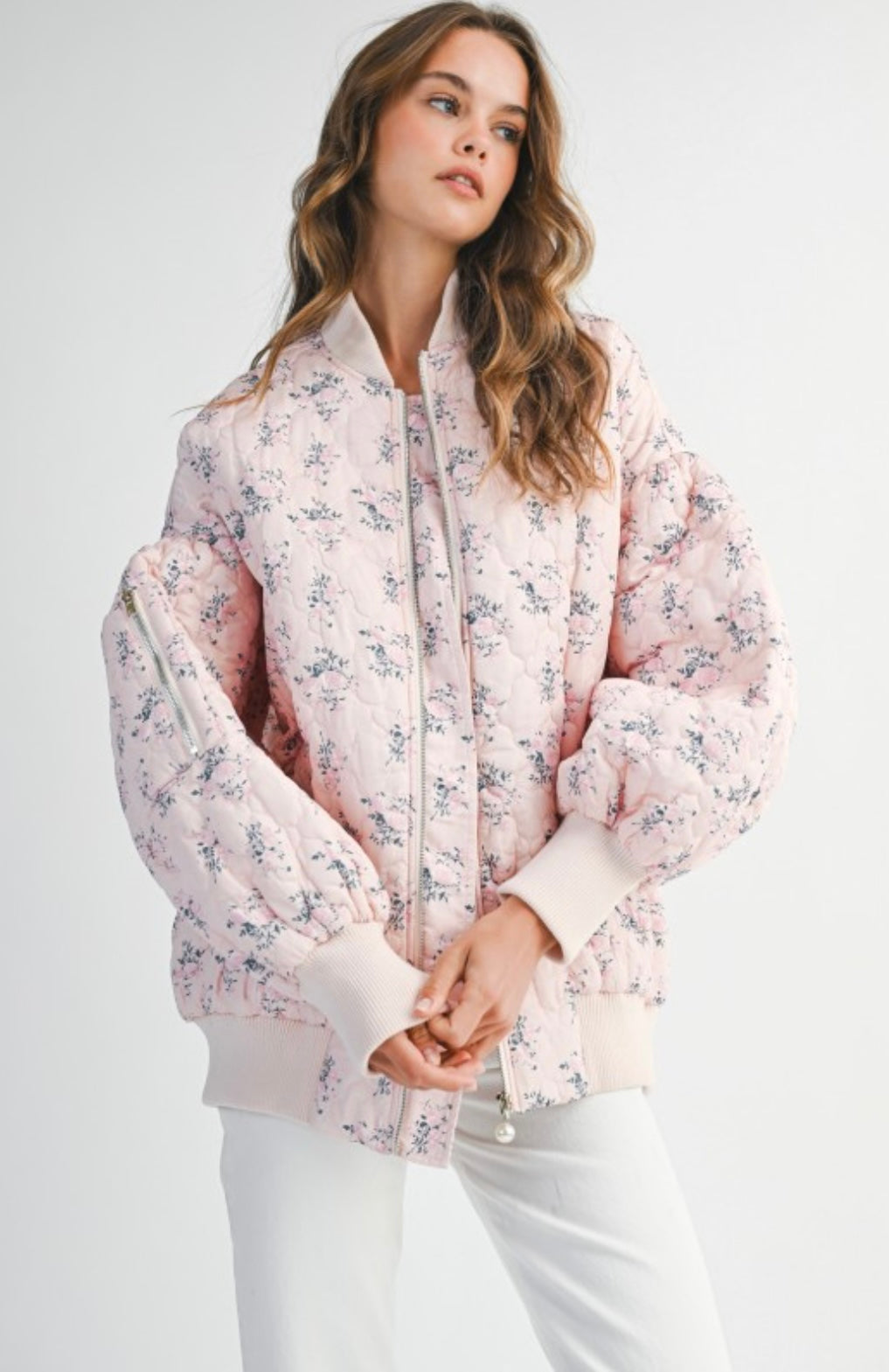 Floral Print Quilted Oversized Bomber Jacket