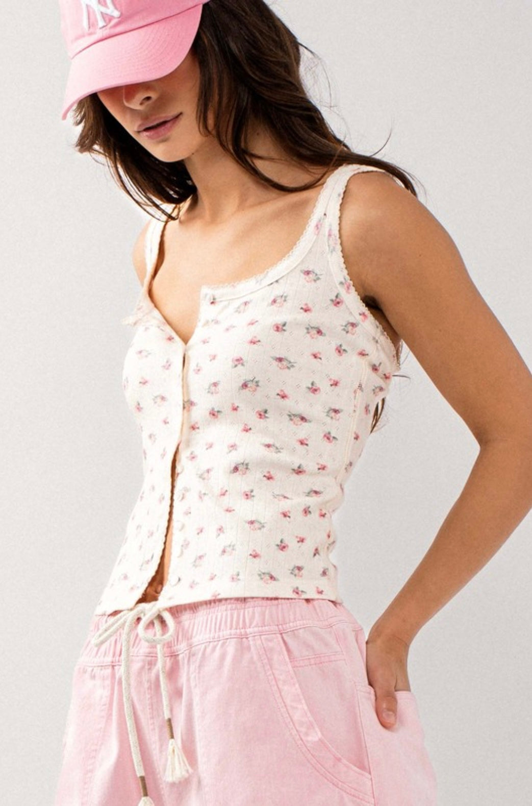 Button Front Ribbed Knit Tank Top