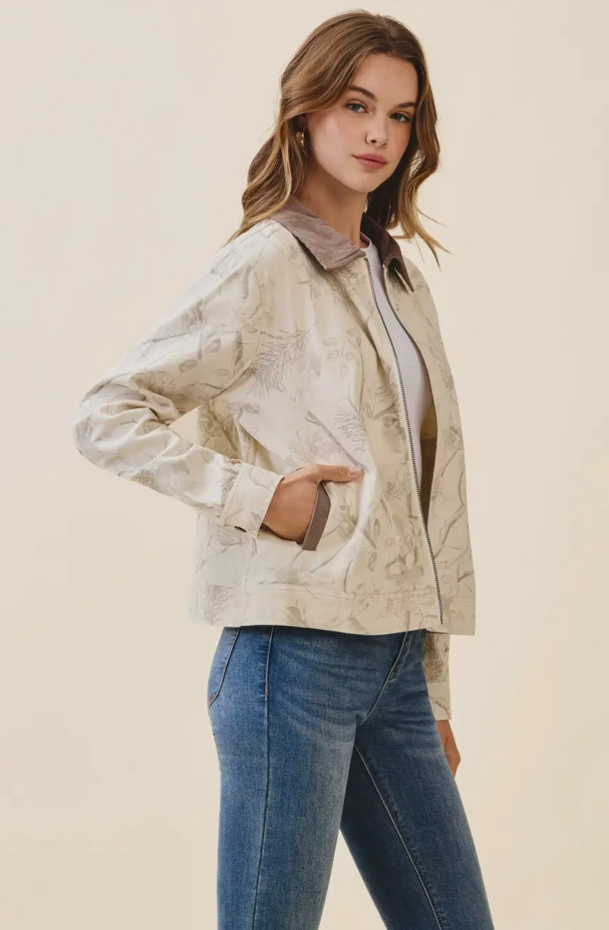 Floral Print Corduroy Detail Jacket
