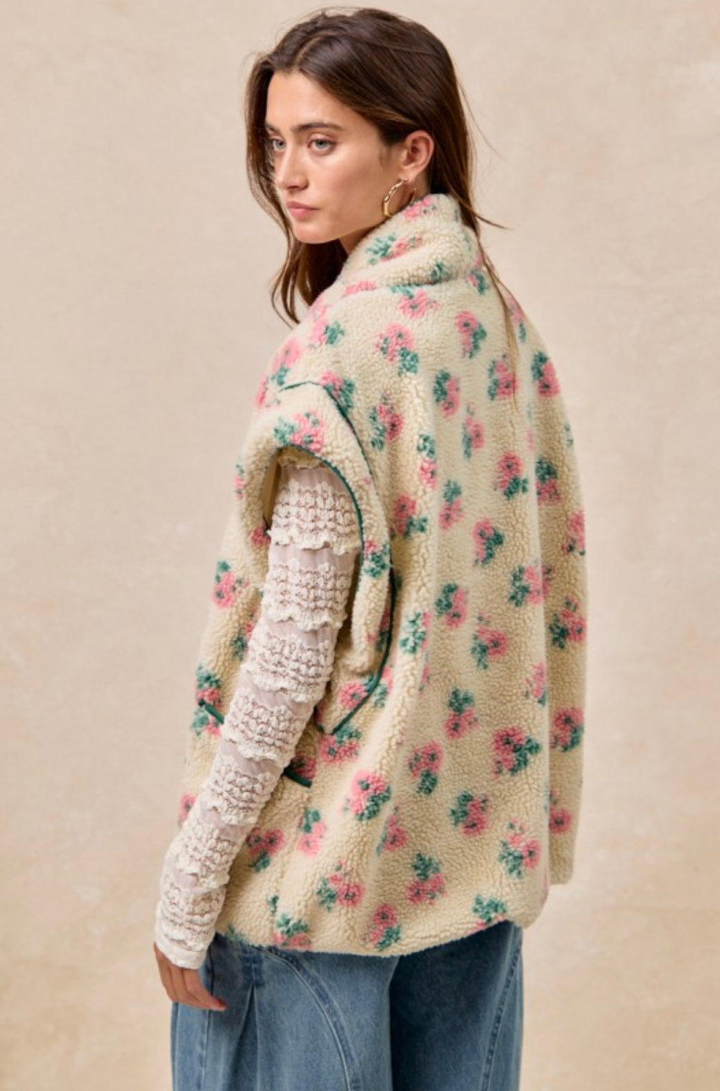 Floral Print Drop Shoulder Fleece Vest With Patch Pockets
