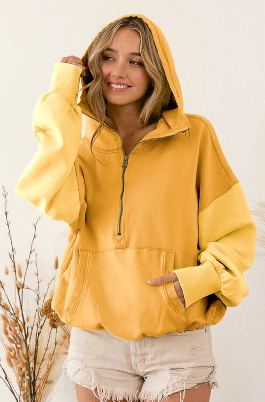 Color Block Elastic Hem Fleece Hoodie