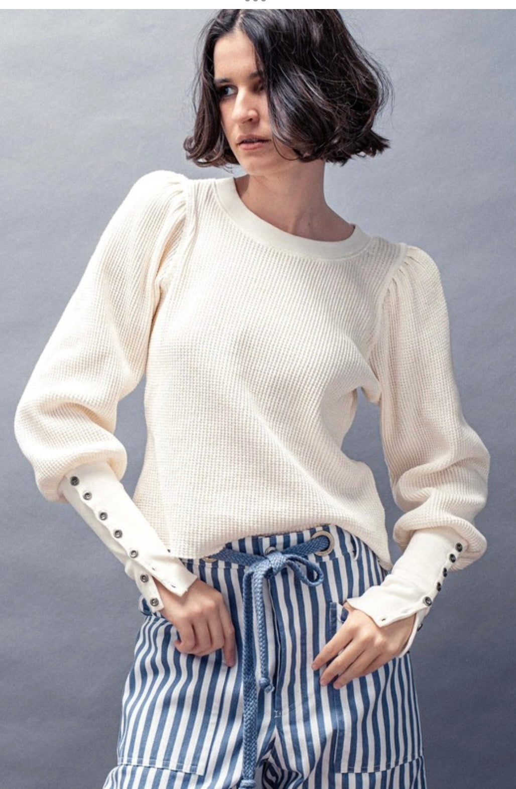 Waffle Knit Puff Sleeve Top