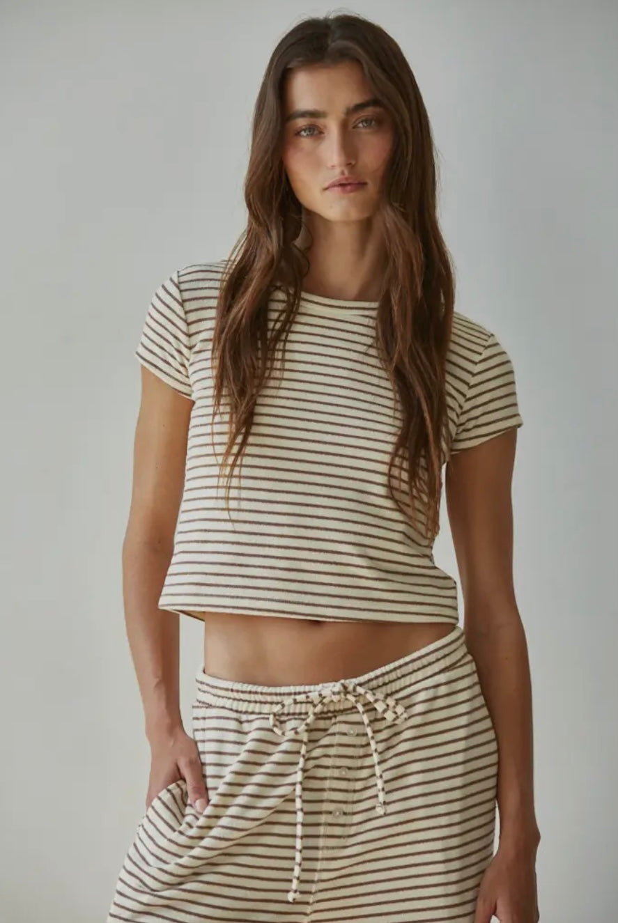 Knit Striped Tie Flare Pant and Short Sleeve Top SET