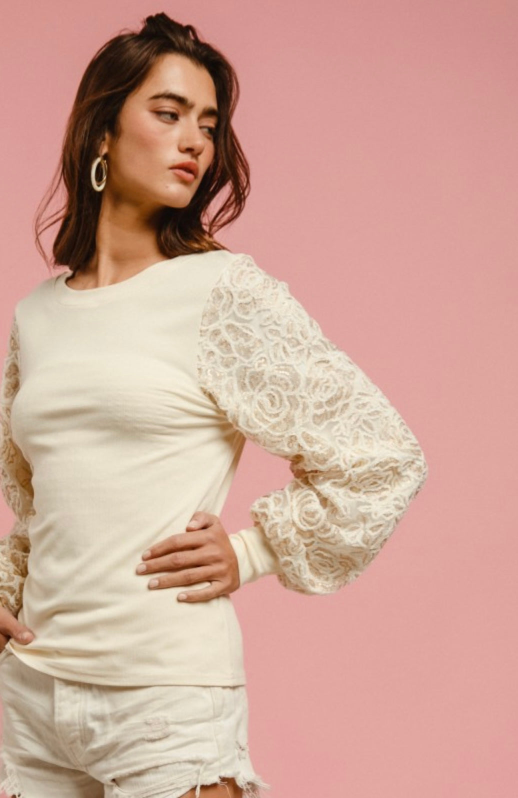 Chenille and Sequin Embellished Sleeve Sweater