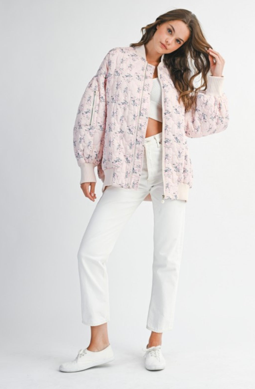 Floral Print Quilted Oversized Bomber Jacket