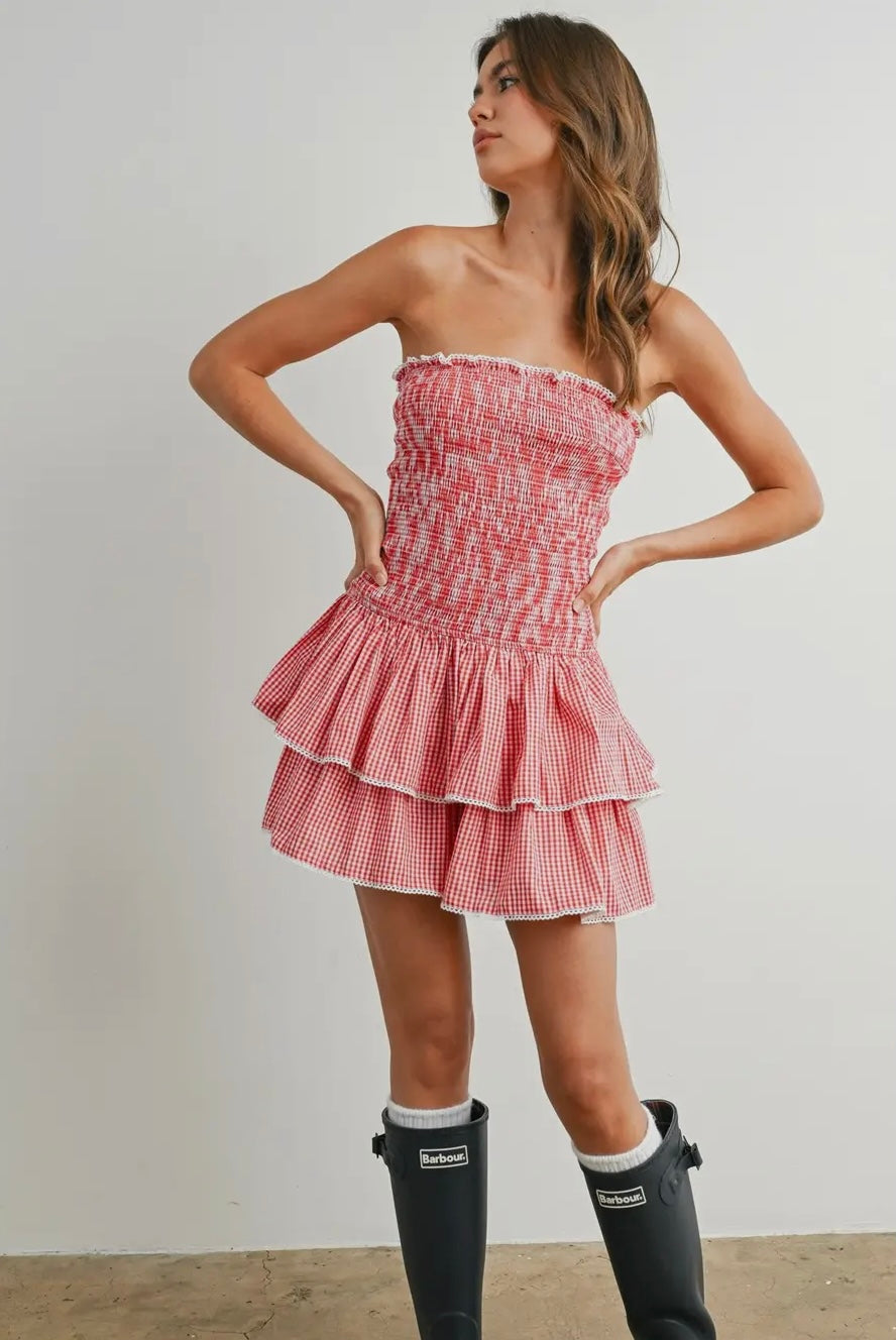 Smocked Strapless Tiered Ruffle Mini Dress