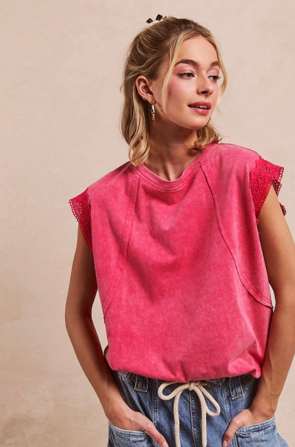 Vintage Washed Pink Knit Crochet Sleeve Detail Top