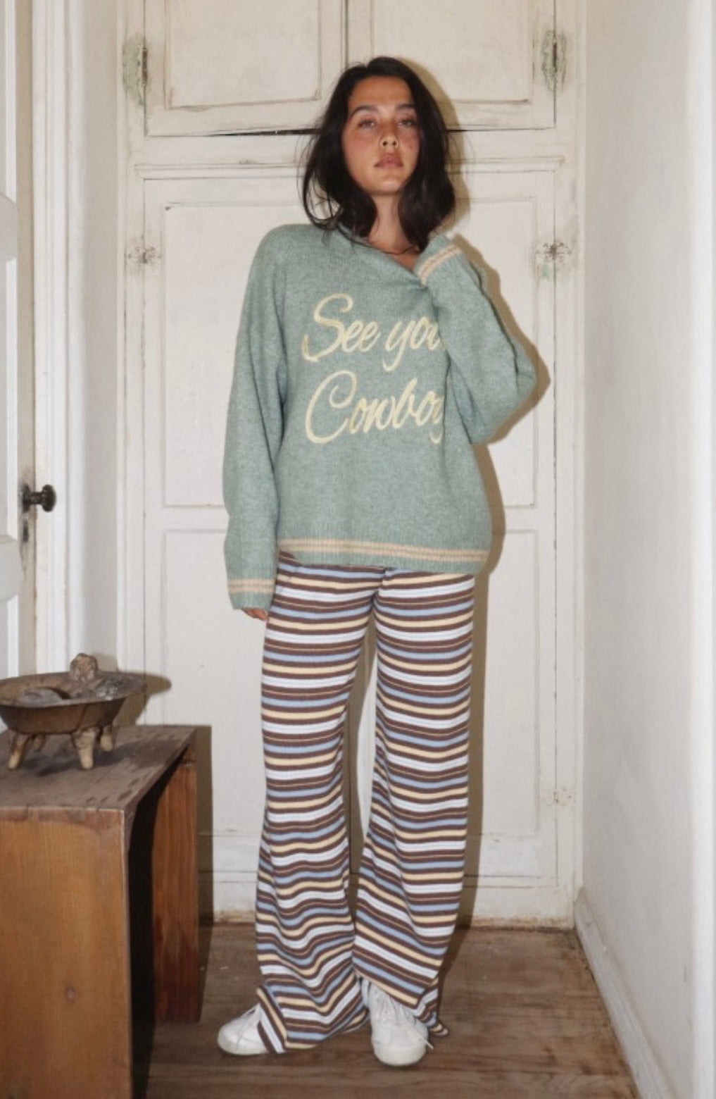 Bailey Rose Striped Knit Collared Shirt And Knit Flare Pant Set