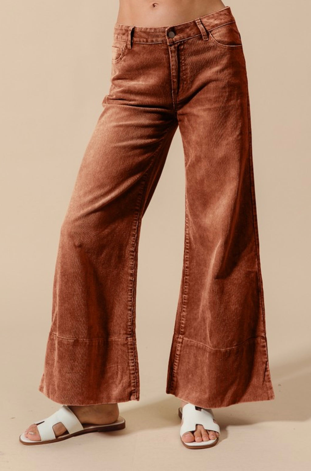 Wide Leg Flared Washed Corduroy Pants With Side Slits