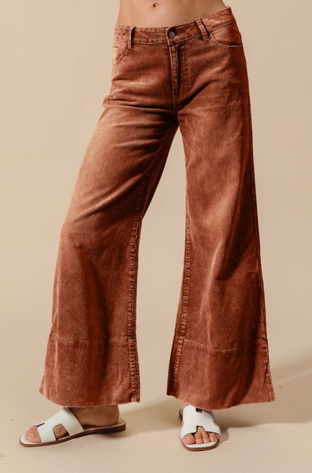 Wide Leg Flared Washed Corduroy Pants With Side Slits