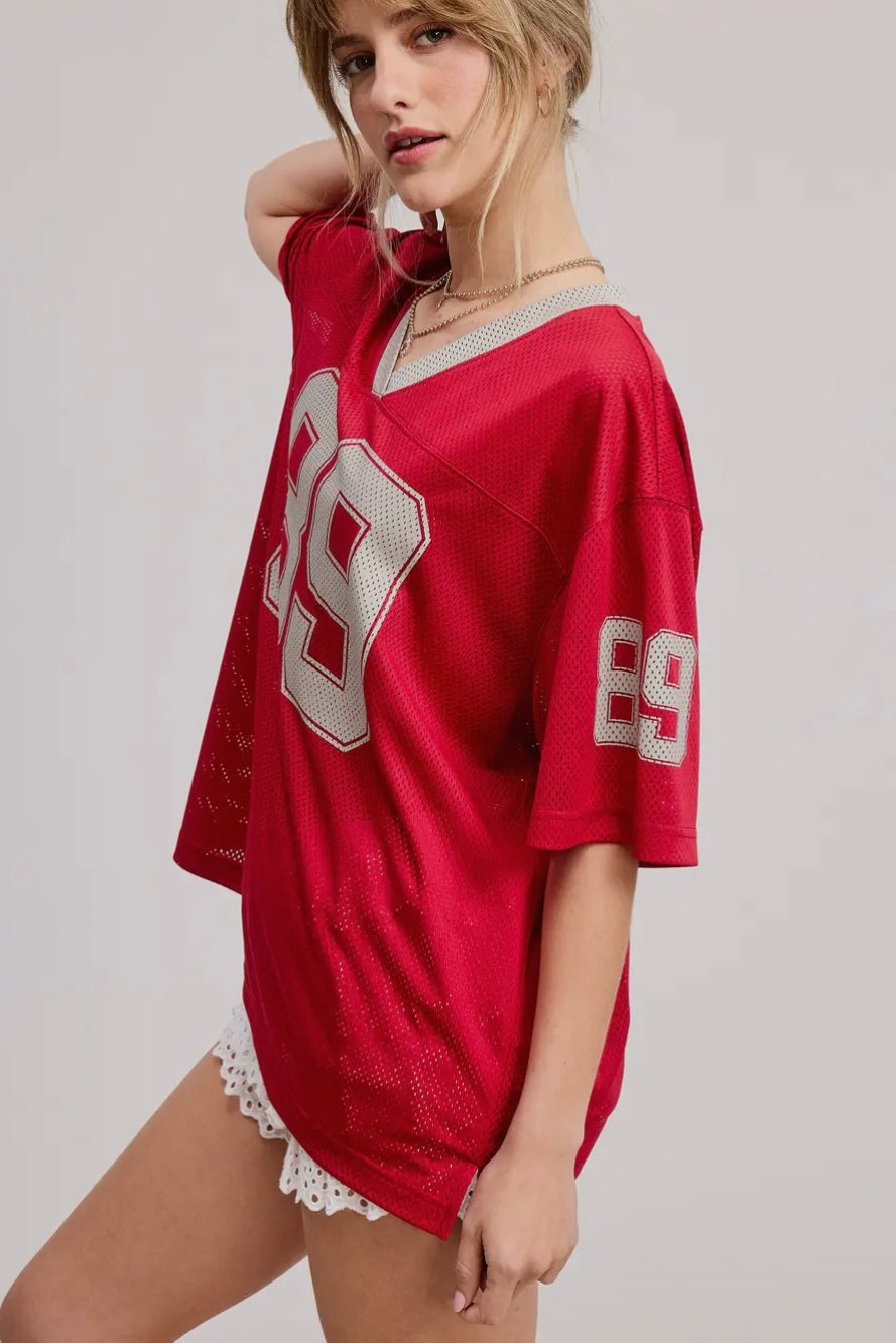 Sporty V Neck Short Sleeve Jersey Top with 89 Graphic Print