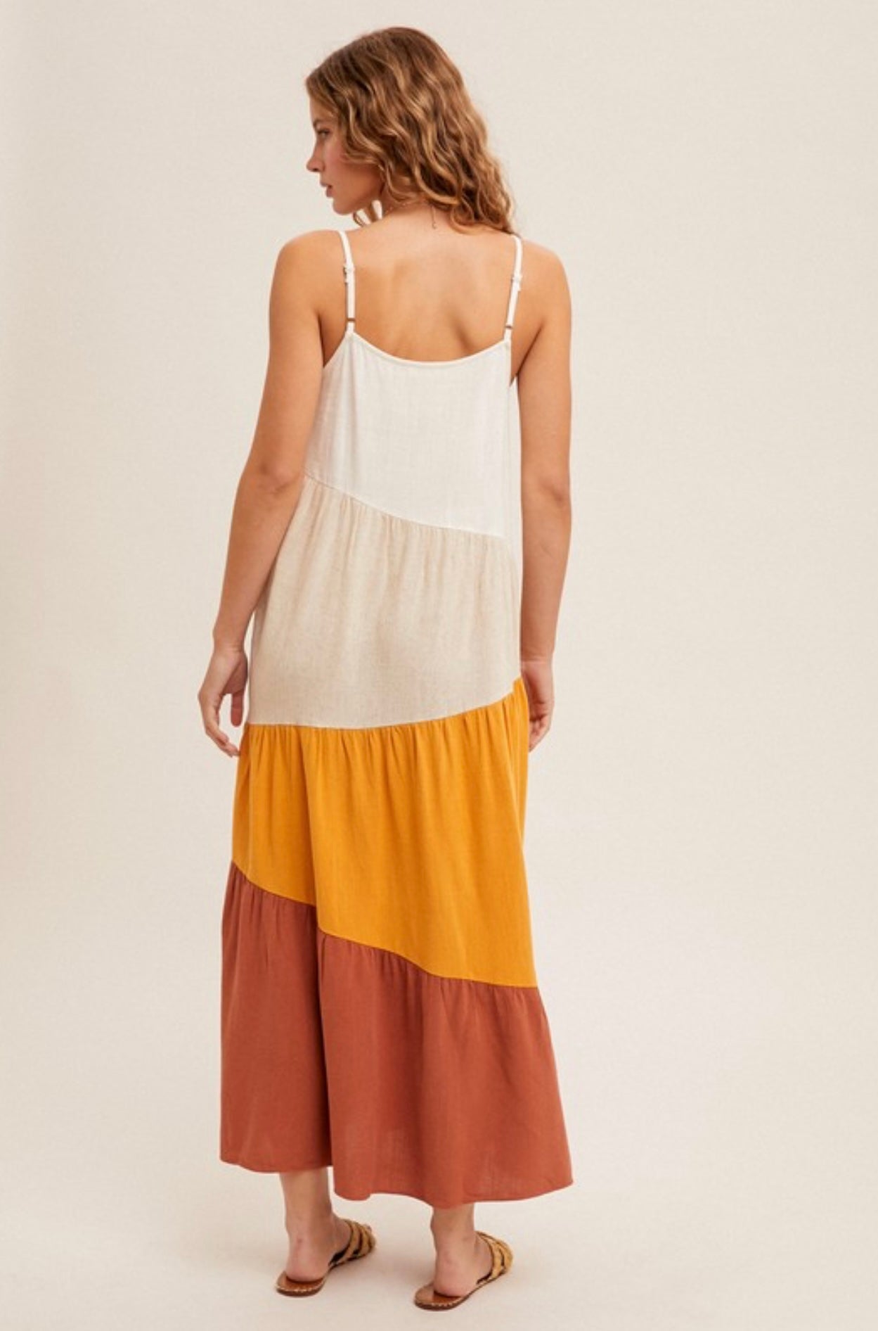 Asymmetrical Tier Color Block Cami Dress Rust