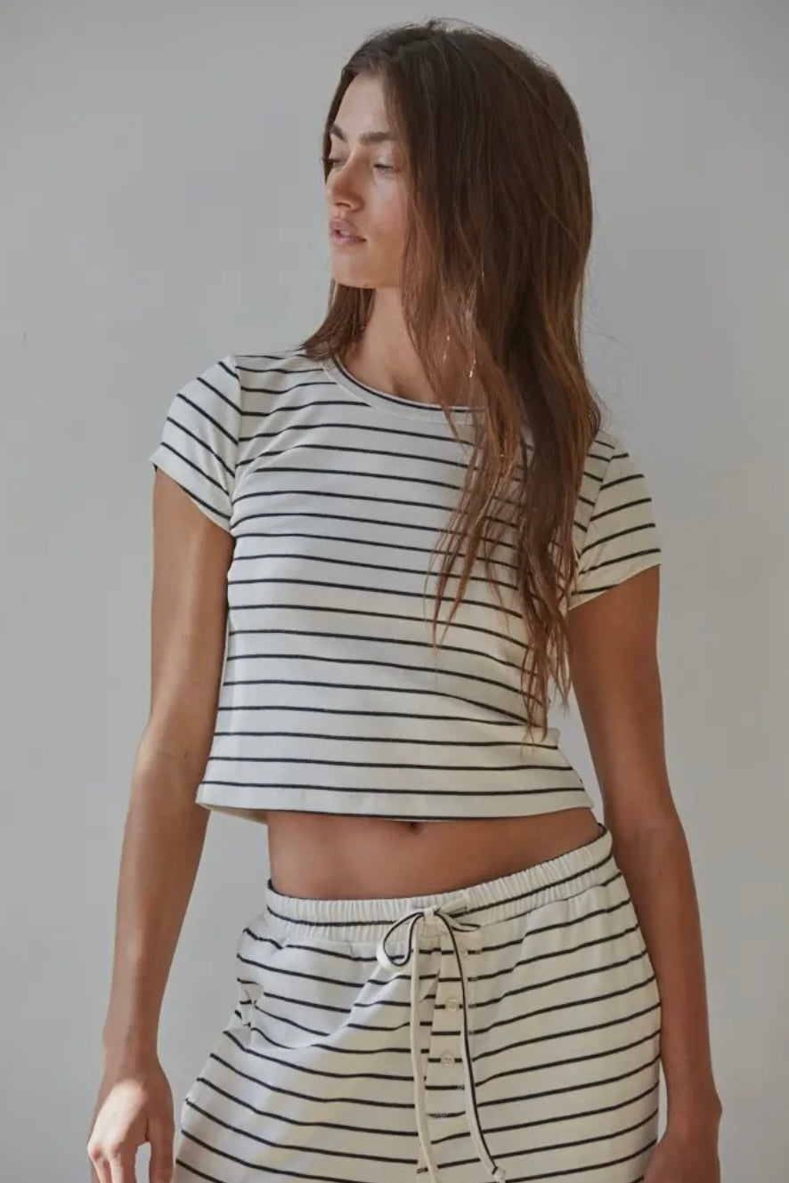 Knit Striped Tie Flare Pant and Short Sleeve Top SET