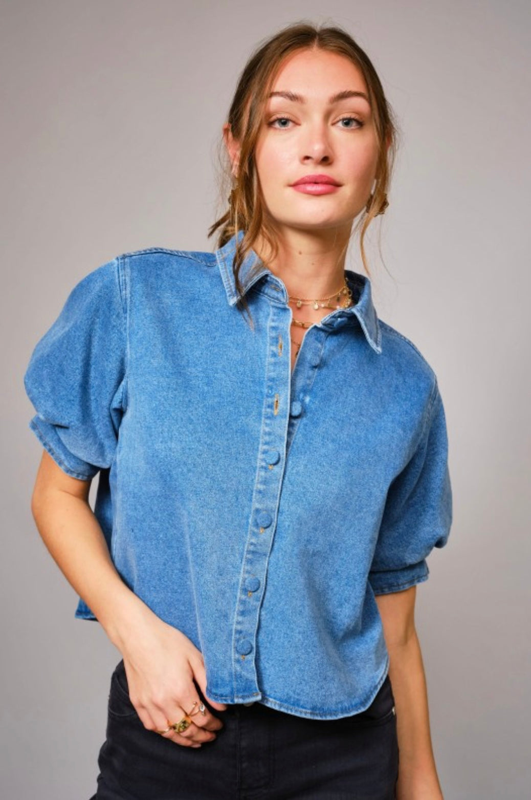 Puff Short Sleeve Button Down Denim Shirt