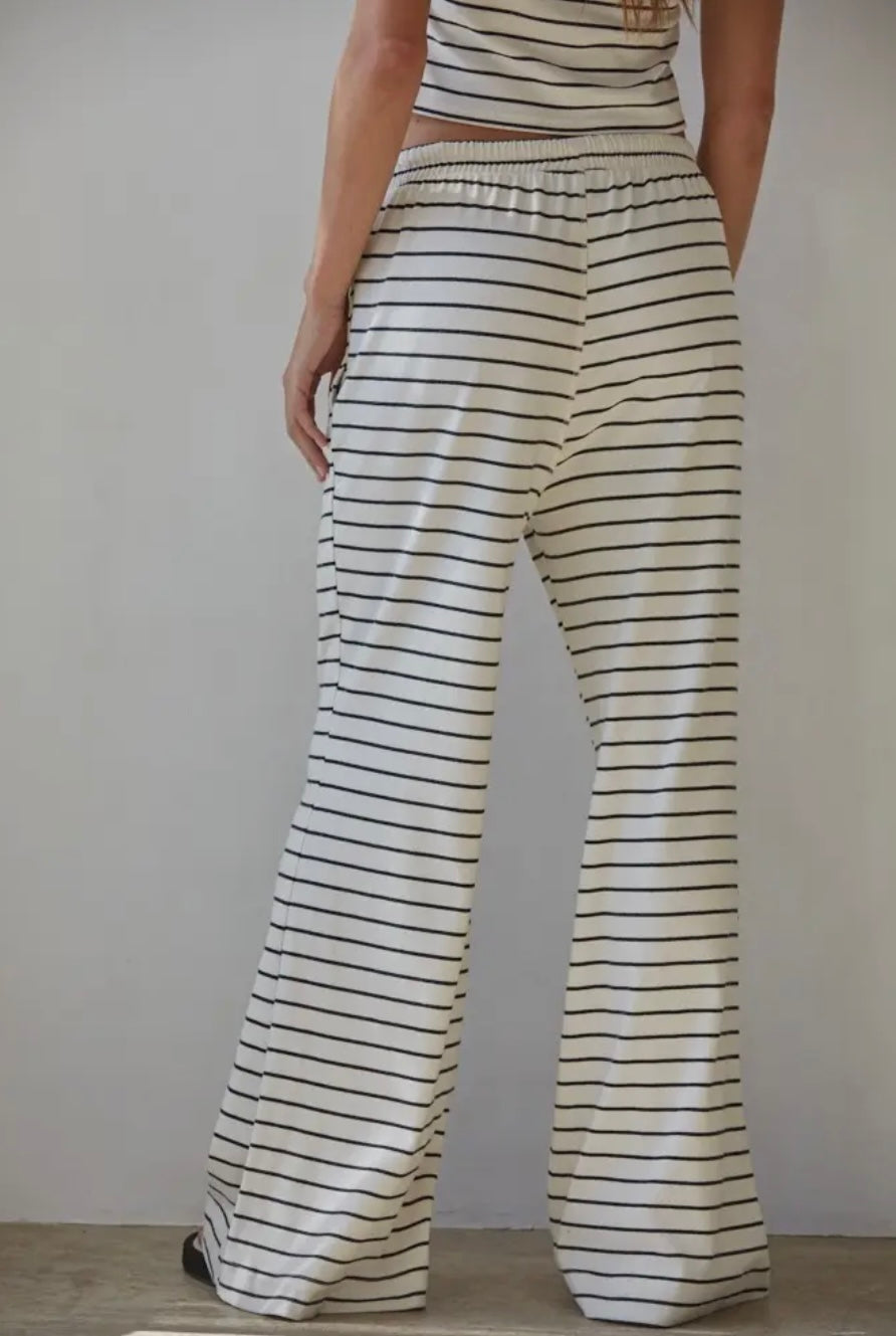 Knit Striped Tie Flare Pant and Short Sleeve Top SET