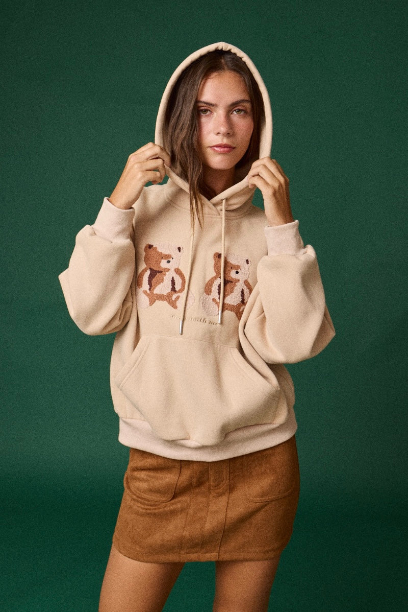 Twin Teddy Bear Embroidered Appliqué Hoodie