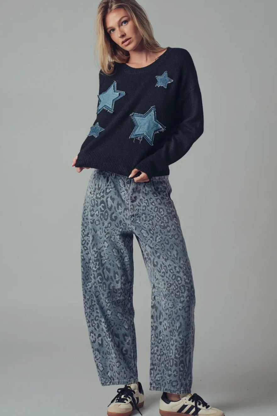 Denim Star Patch Cropped Knit Sweater