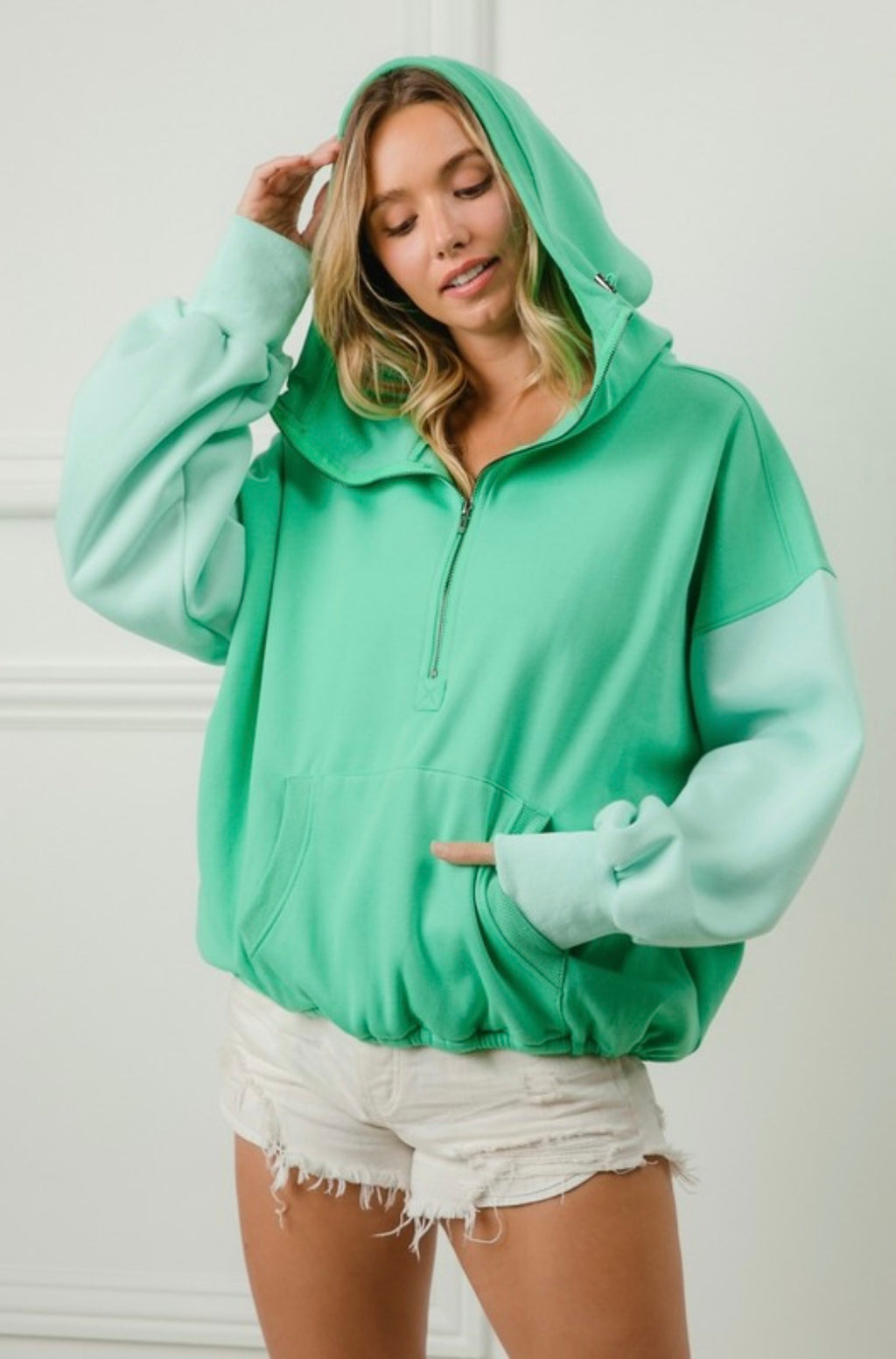 Color Block Elastic Hem Fleece Hoodie