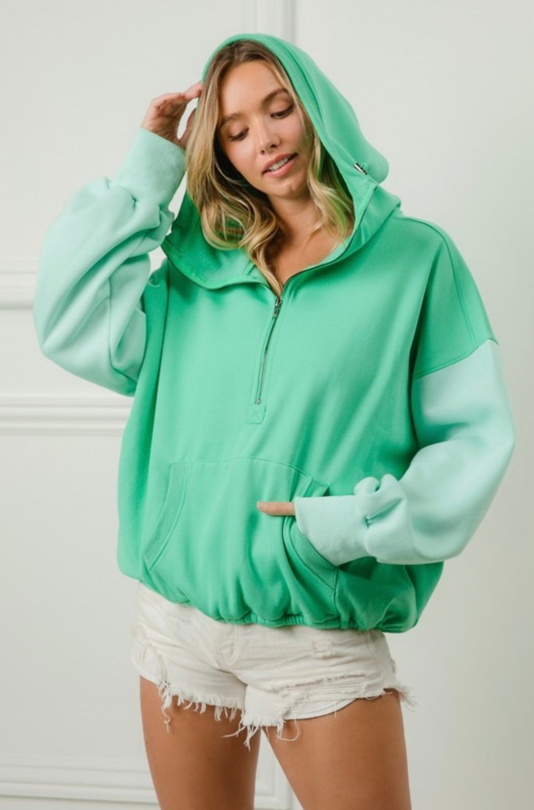 Color Block Elastic Hem Fleece Hoodie