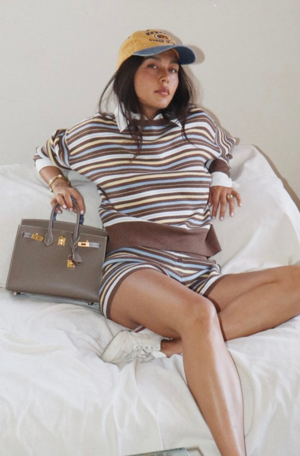 Bailey Rose Striped Knit Collared Shirt And Knit Flare Pant Set