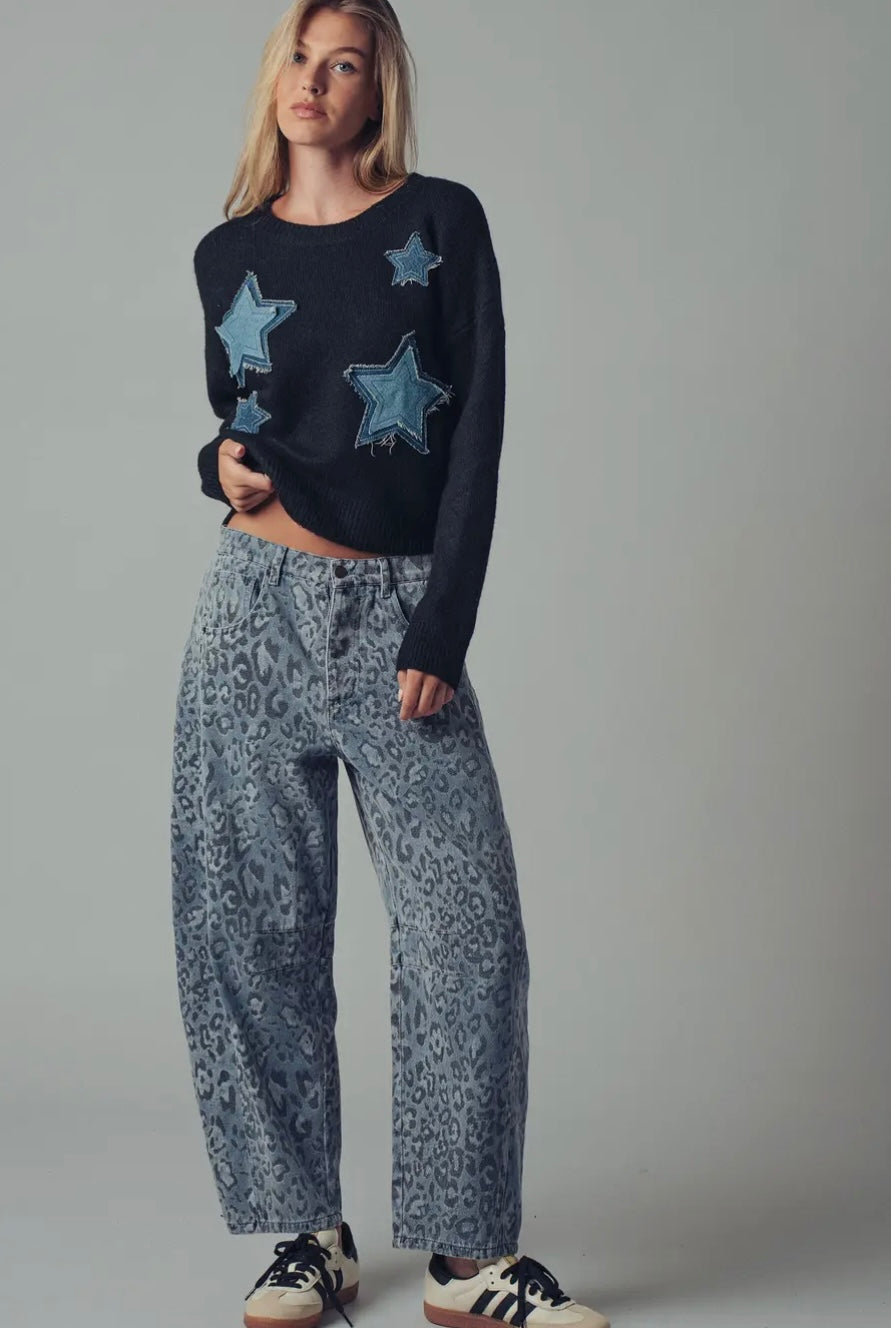 Denim Star Patch Cropped Knit Sweater