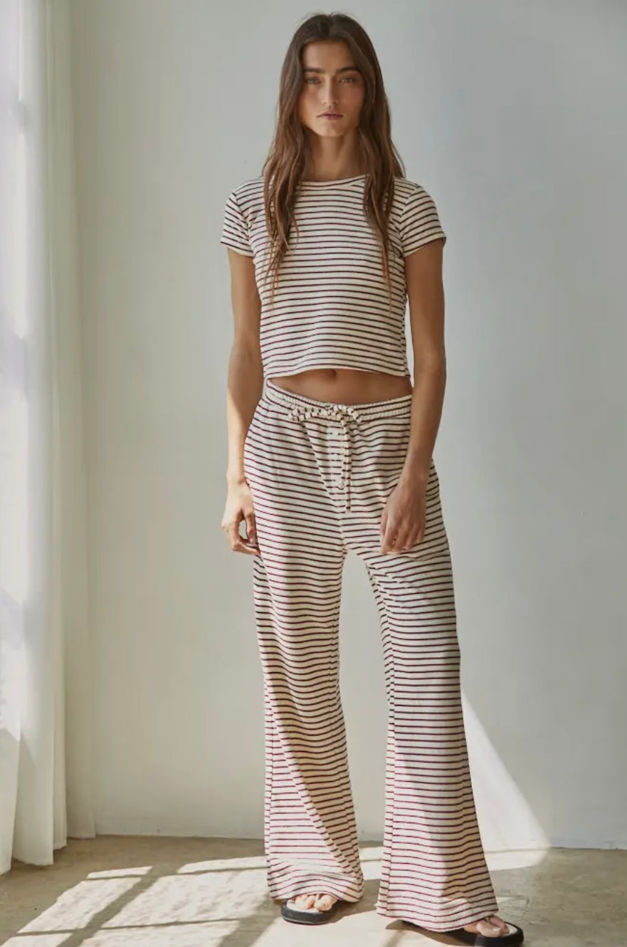 Knit Striped Tie Flare Pant and Short Sleeve Top SET