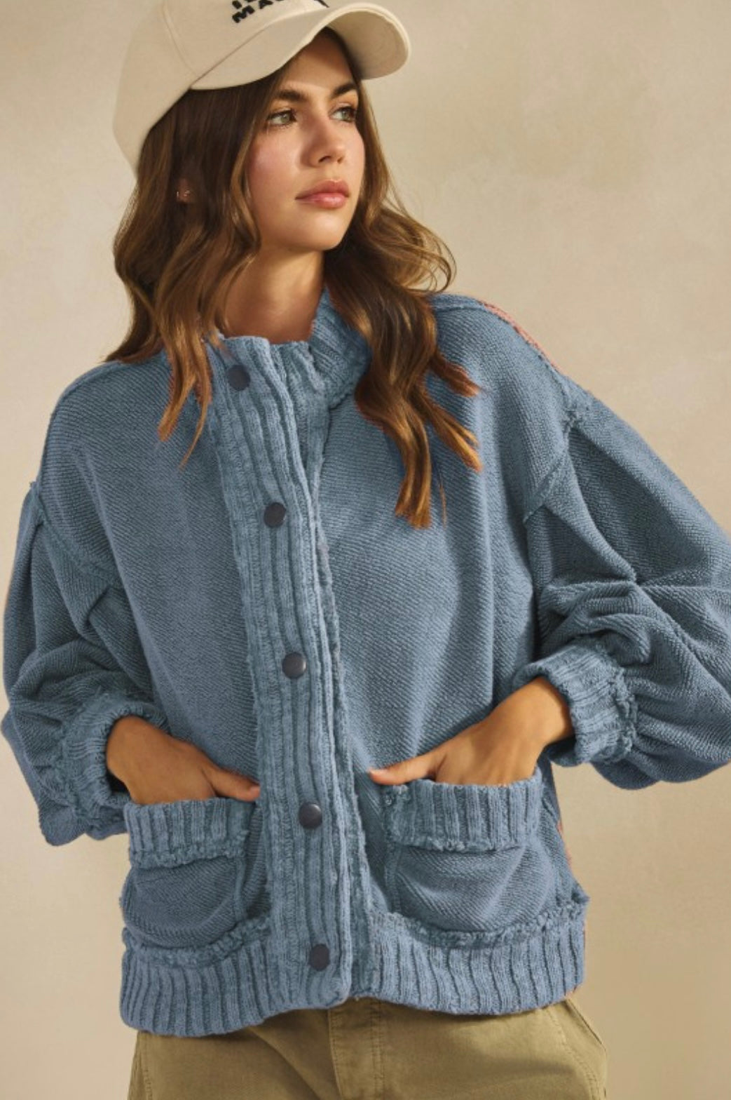 Washed Vintage Ribbed Knit Trim Cardigan Jacket