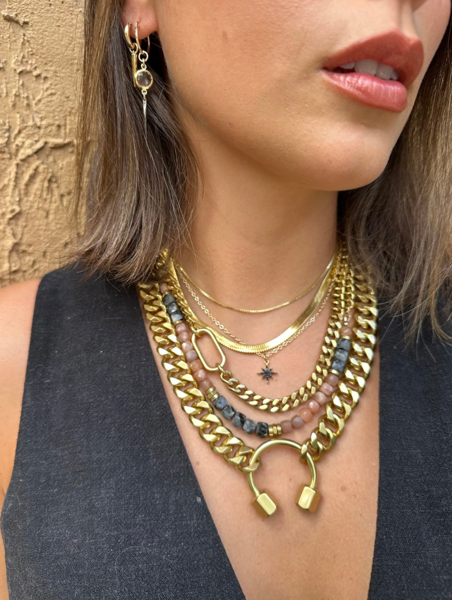 Rachel Nathan Beads & Chain Necklace Larvikite & Peach Moonstone