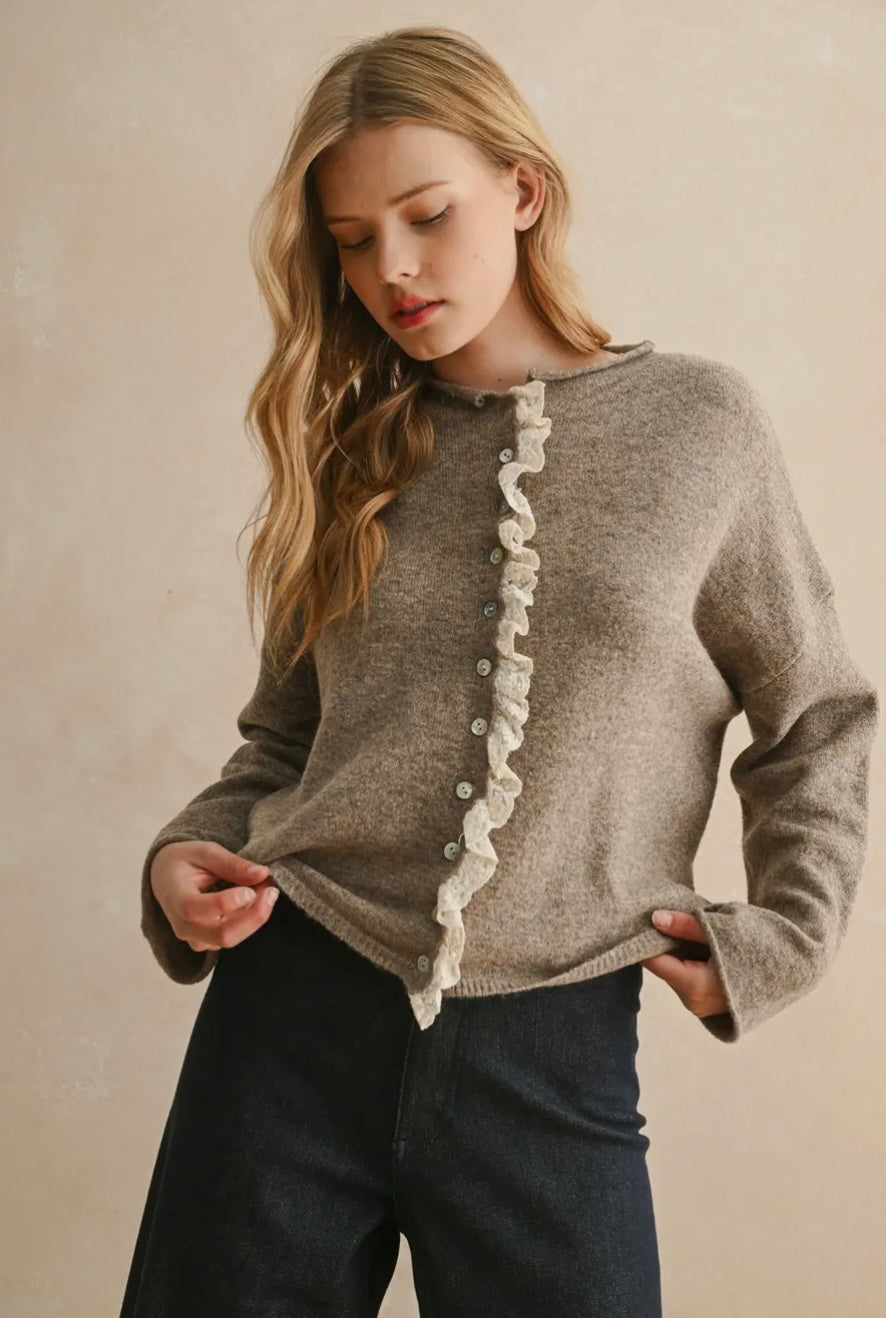 Button Front Lace Trim Knitted Cardigan